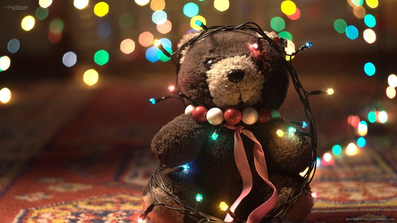 animals, ribbon, teddy, bear, lights, 1080P, christmas, teddy bear