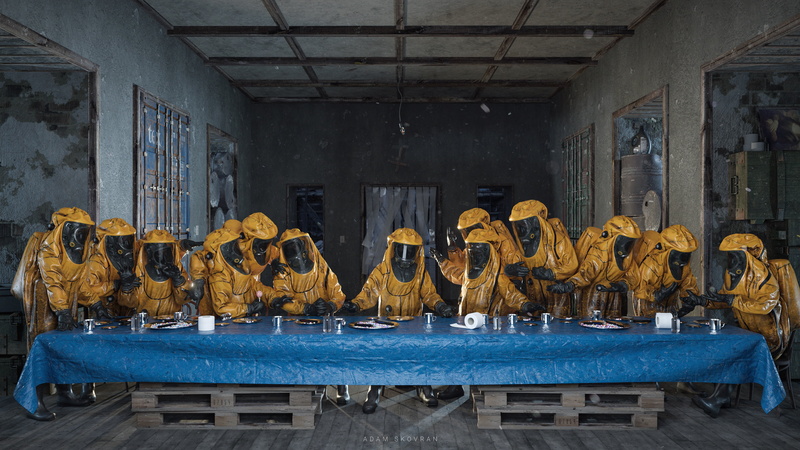 protective suit, pandemic, post apocalypse, 4K, The Last Supper, render, toilet paper