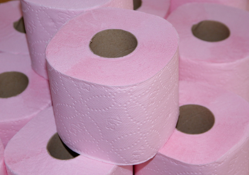 2K, no people, roll, bathroom, hole, purple, toilet, wc, close-up, toiletries, duct tape, indoors, focus on foreground, paper, toilet paper, group, pink color