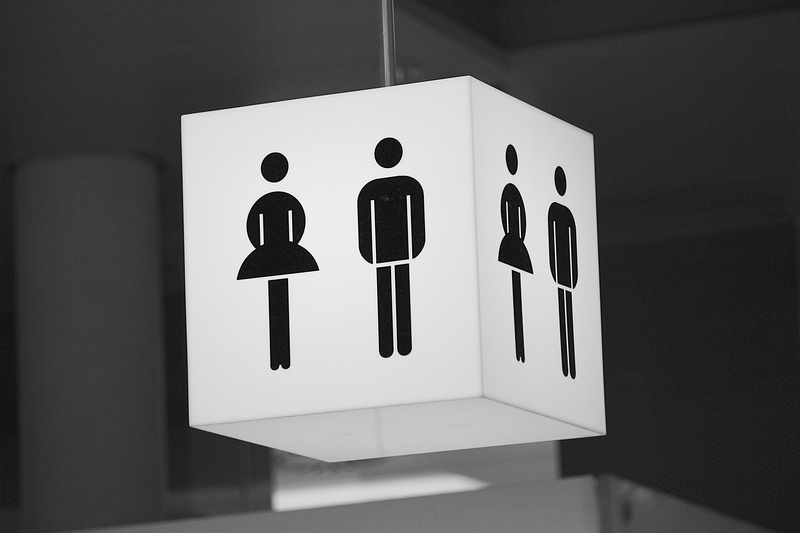 entrance, male likeness, loo, print, note, pendant, sign, lamp, public, public building, domestic bathroom, man, indoors, toilets, public restroom, woman