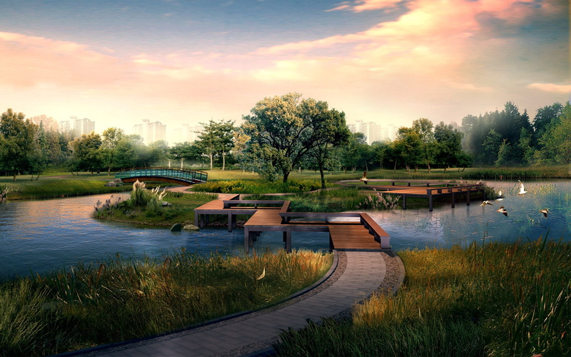 tranquility, photoshop, water, no People, footpath, sky, grass, 3d, day, bridge - Man Made Structure, non-Urban Scene, park - Man Made Space, sunset, sunlight