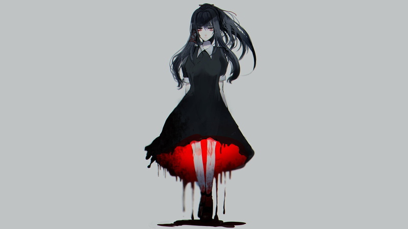 anime girls, Vocaloid, blood, red eyes, gloomy, 1080P, Hatsune Miku, gray, minimalism, manga, anime, turquoise hair, simple background, Red and Black