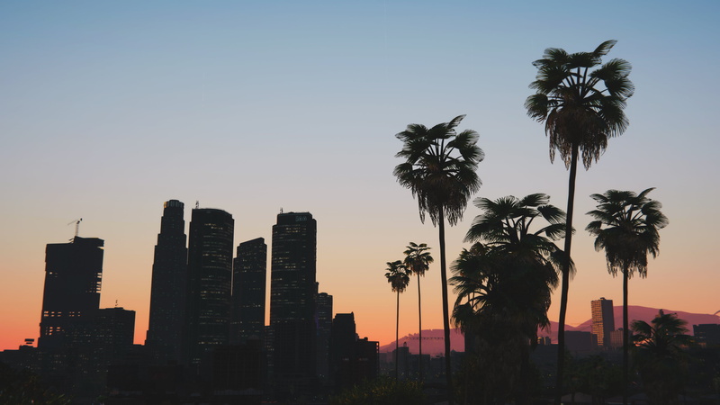 skyscraper, Grand Theft Auto V, sunset, 4K, palm trees, GTA5, building, dusk