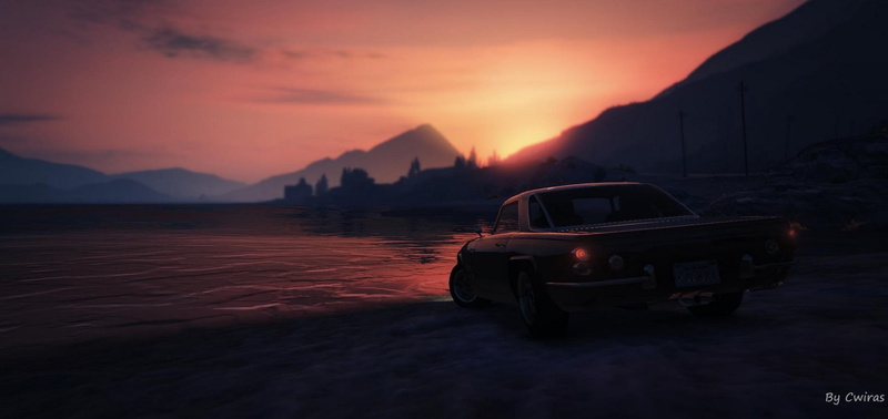 sunset, no people, mode of transportation, classic car, Grand Theft Auto, transportation, mountain range, car, games art, mountain, 1080P, water, travel