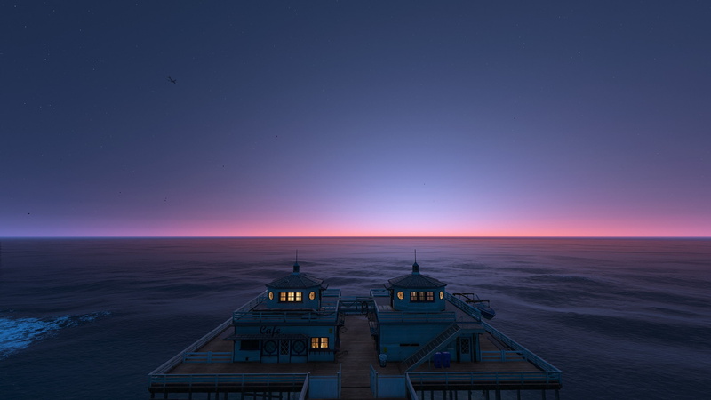sunset, Clear Sky, 2K, GTA5, NaturalVision, Grand Theft Auto V, sky, water, stars, sea, pier, video games