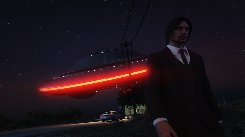 Grand Theft Auto V, Keanu Reeves, city, UFO, GTA5, video games, night, Chill Out, 1080P, town, area 51, Chumash, Grand Theft Auto, John Wick