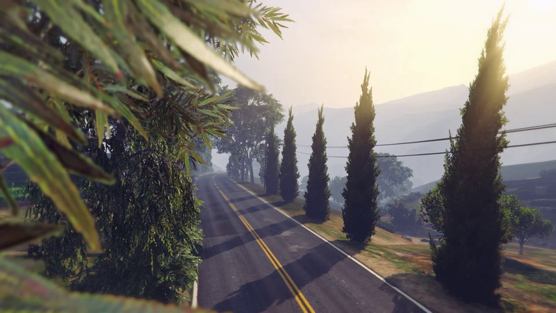 sunrise, hills, GTA Landscape, Grand Theft Auto V, video games, Rockstar Games, GTA Photography, GTA5, 1080P, GTA Online, Tongva Hills, trees, Grand Theft