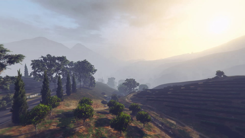 1080P, GTA Online, Tongva Hills, Grand Theft Auto V, trees, GTA5, hills, Rockstar Games, GTA Photography, video games, GTA Landscape, Mount Chiliad, sunrise