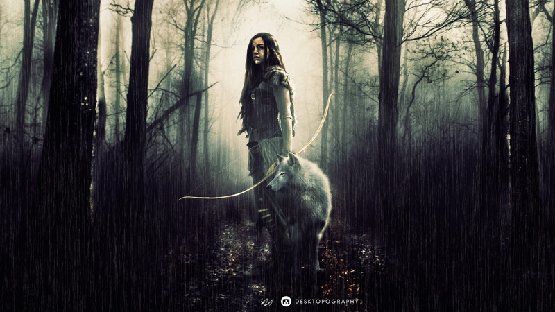 Huntress, forest, young women, fashion, fantasy art, tree trunk, Photoshop, young adult, hunting, digital, beautiful woman, Lost Woods, nature, plant, women