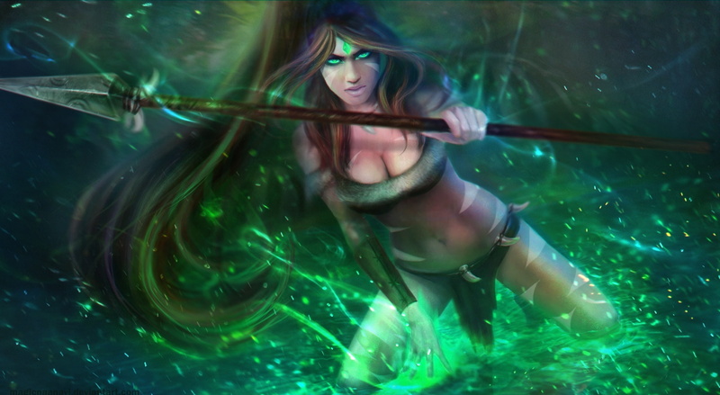 League Of Legends, Nidalee, Multiplayer, Battle, Painting, lifestyles, water, Digital, motion, legends, female, hairstyle, Games, green color, women