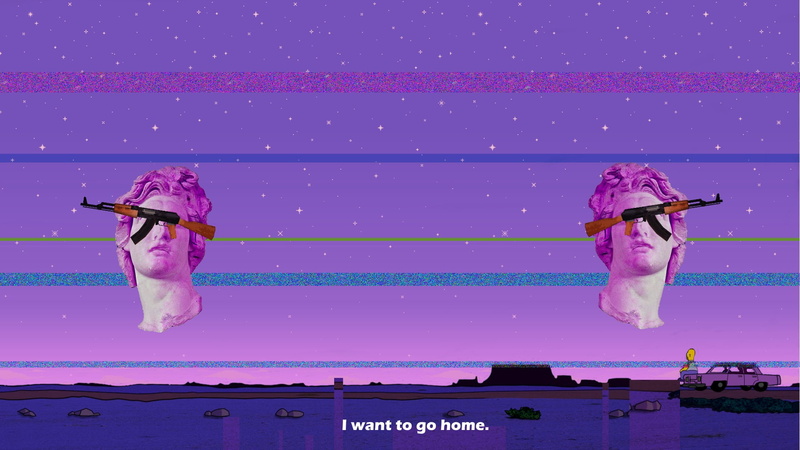 lifestyles, pool, purple, Homer Simpson, AK-47, people, outdoors, real people, digital composite, full length, vaporwave, gun, 1080P, nature, men, two people
