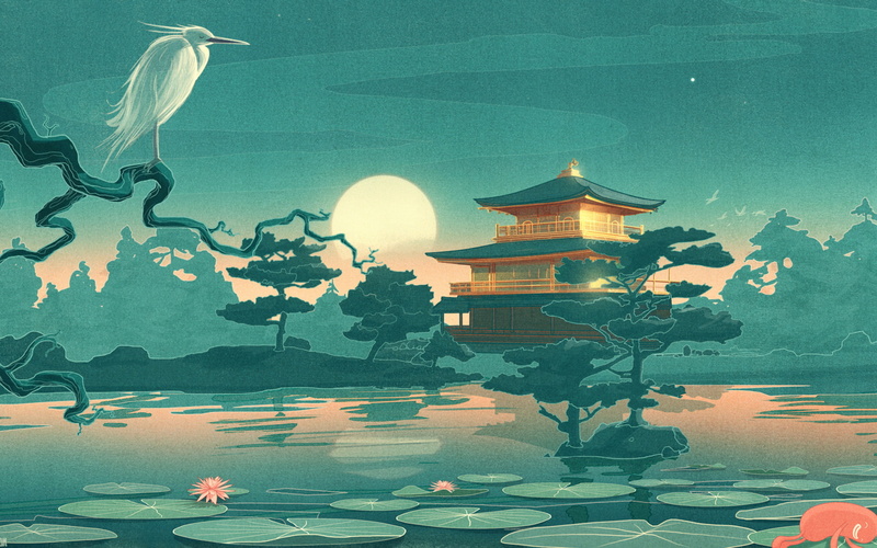 castle, lakes, trees, birds, 1080P, architecture, lily, flowers, oriental, landscapes, buildings, fantasy, reflection, sky, art, thefoxisblack com, lilies