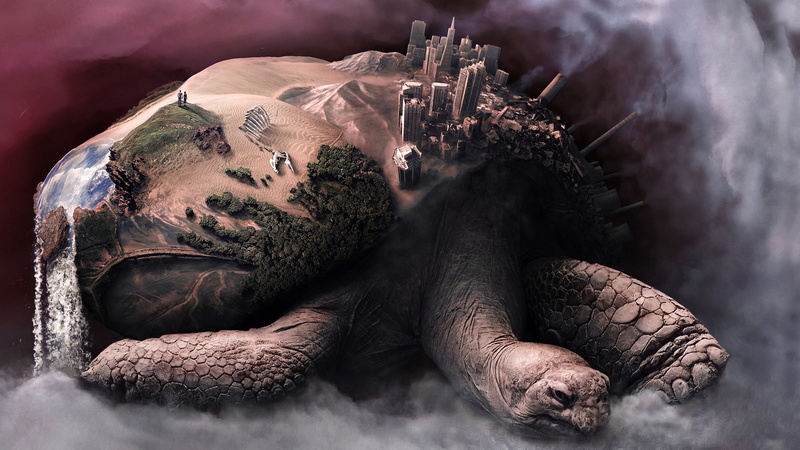 animals, rock, tortoises, sand, skeleton, desert, couple, turtle, waterfall, giant, 1080P, building, smoke, chimneys, fantasy art, nature, environment
