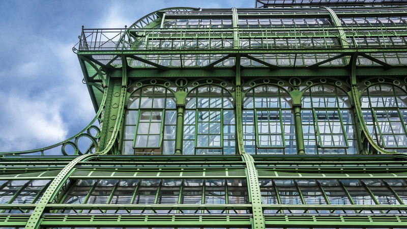 travel destinations, palm house, pattern, metal, industry, outdoors, building exterior, low angle view, window, greenhouse, glass, railing, exterior, sky