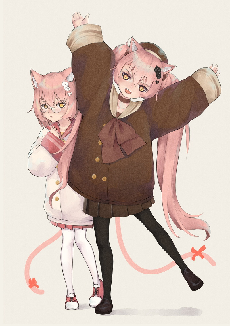 hair pins, choker, bow, leggings, cat tails, brown sweater, hat, bangs, white sweater, yellow eyes, anime girls, artwork, oversized sweater, anime, 2K