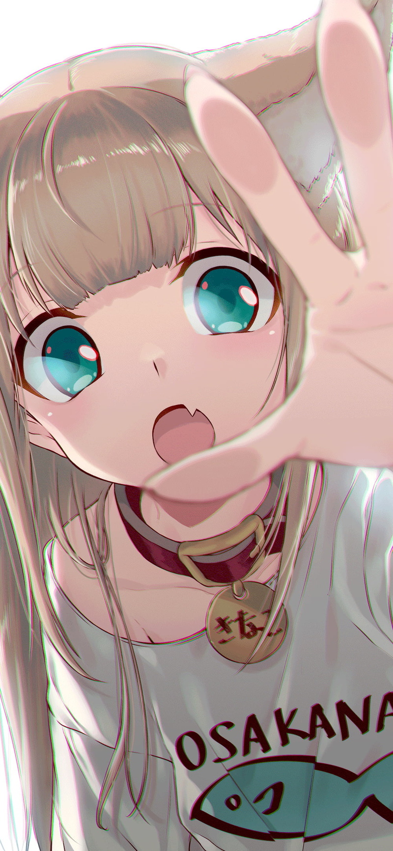 bangs, light hair, neko ears, reaching, Neko girls, teal eyes, lolita, long hair, anime, Fang, oversized T-shirt, 1080P, brunette, anime girls, collar