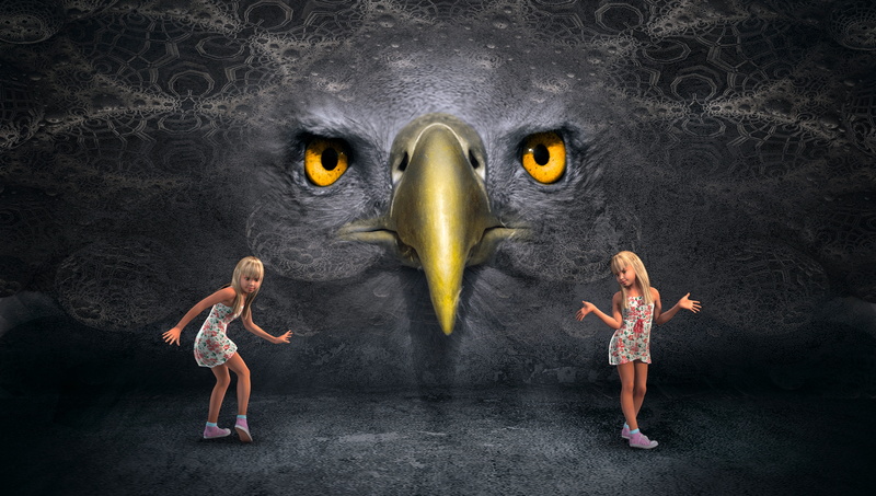 full length, digital photo montage, people, motion, digital composite, image editing, magic, photo montage, two people, bird, females, texture, twins, face