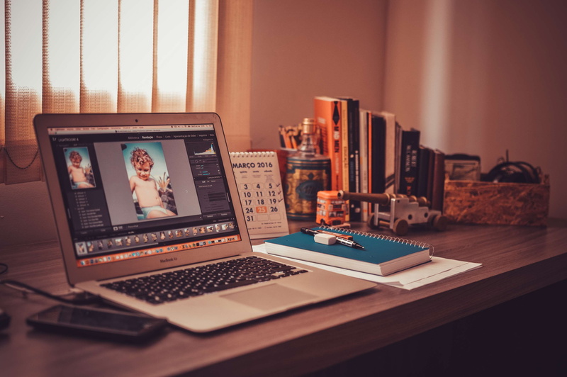 photo editing, desk, computer, books, royalty  images, home office, lance, design, adobe photoshop, apple, macbook, notepad, table, laptop, 4K, screen