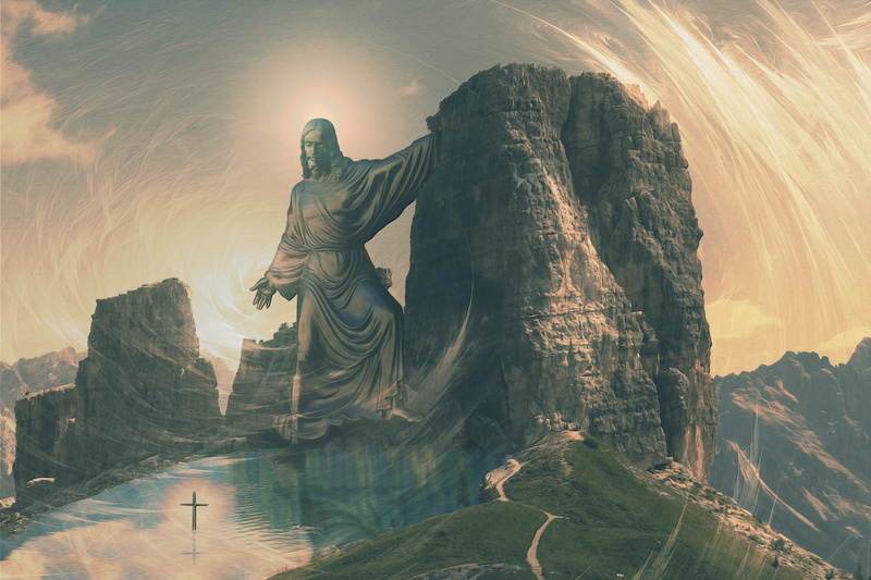 5K, art and craft, sky, male likeness, memorial, low angle view, representation, composing, panorama, rock formation, image editing, travel, cross, creativity