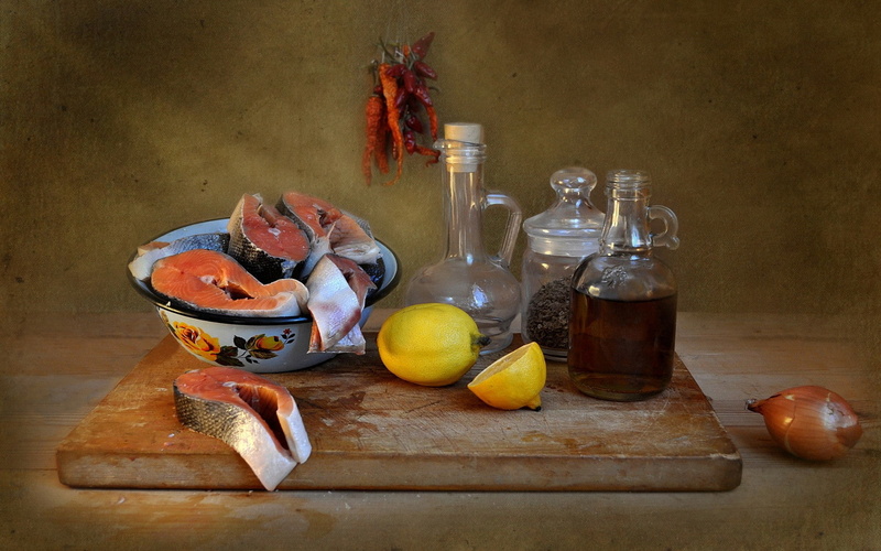 bottles, jar, salmon, lemons, onion, chilli peppers, 1080P, cutting board, food