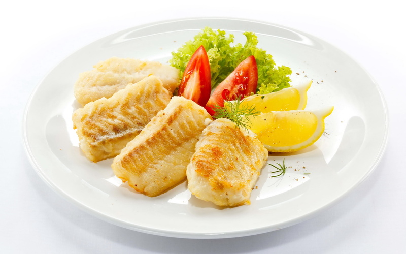 prepared Fish, vegetables, grilled, fried, high angle view, rosemary, white, close-up, cooked, seafood, temptation, cooking, meat, prepared Potato, salad