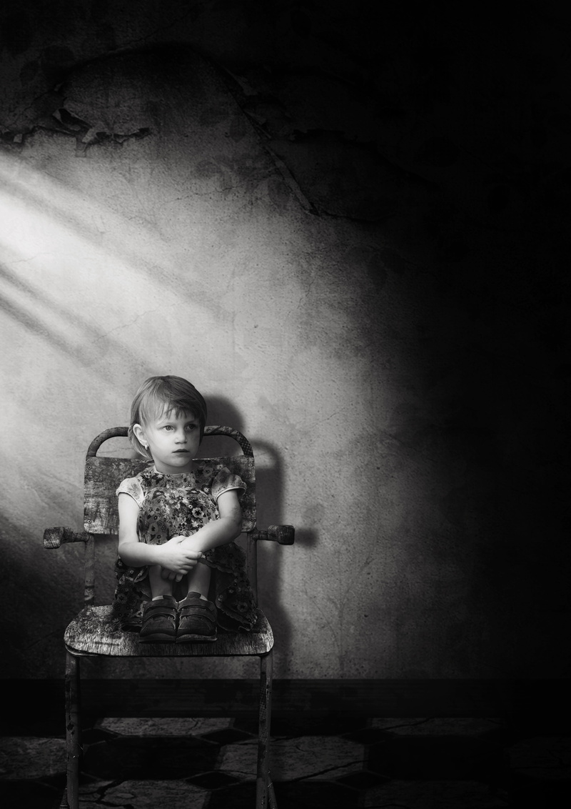 emotion, females, anxiety, hairstyle, thoughtful, child, sitting, melancholic, casual clothing, full length, image manipulation, sad, girls, fear, front view