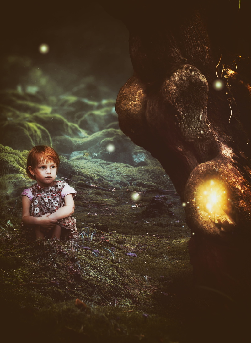 grass, outdoors, fantasy, tree, atmosphere, fairytale, casual clothing, meadow, one person, full length, looking away, magic, mushrooms, moss, emotion