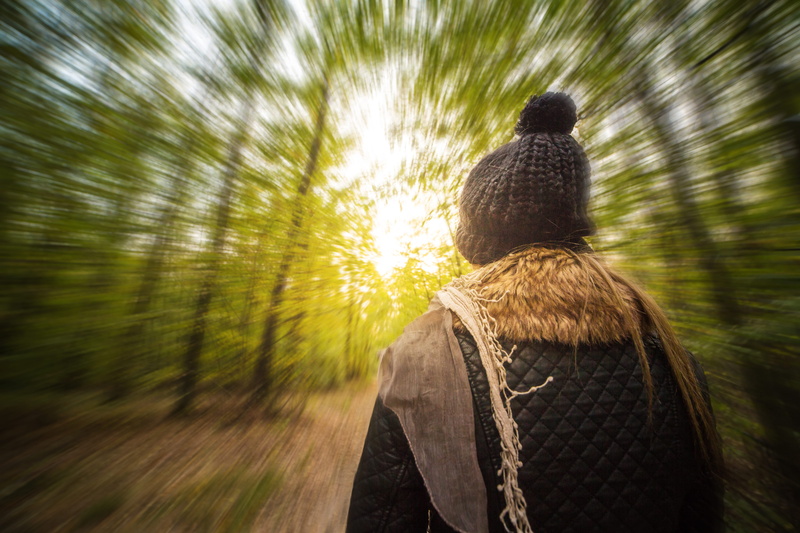 woodland, green, no people, motion, males, adult, blurred motion, walk, standing, hat, tree, men, sun, young Adult, rear view, people, waist up, Vision