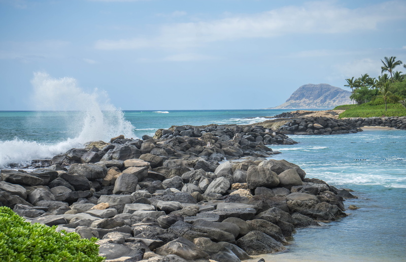 horizon over water, water, island ocean, near, seascape, oahu, shore, nature landscape, ko olina, breaking, rocky coastline, motion, land, waves, formations