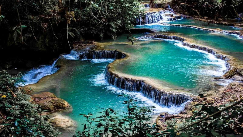 landscape, scenery, mountain, tourism, scenic, summer, resort, high angle view, flowing water, outdoor, tranquil scene, turquoise colored, water, waterfall