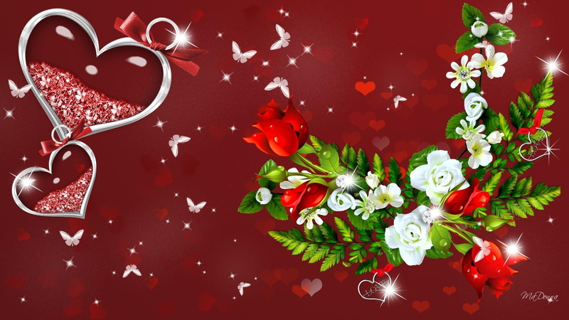 1080P, sparkles, red and white roses, stars, valentines day, romance, valentine, romantic, butterflies, 3d, hearts, roses