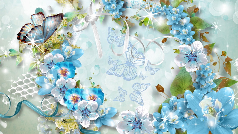 1080P, floral, art, Butterfly, Firefox Persona, iii, Blue, Flowers, hd, blues, abstract, netting