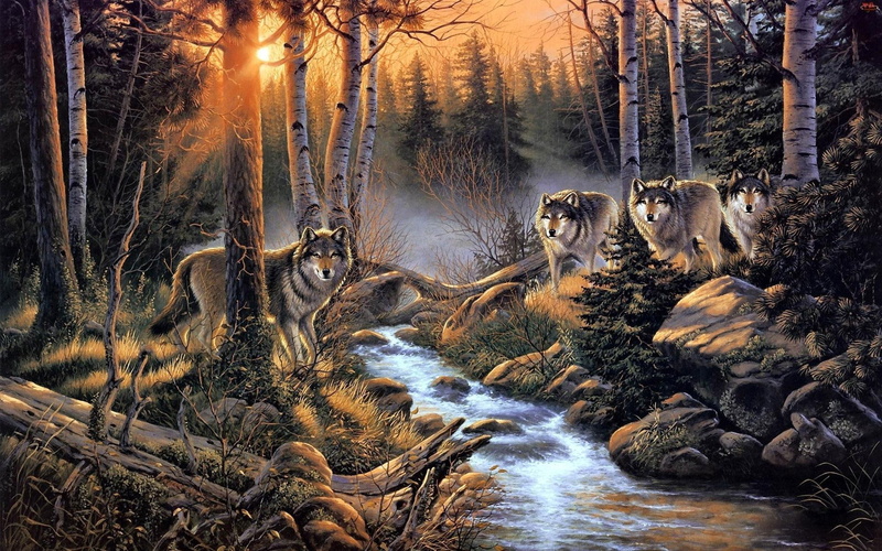 forest, snow, winter, digital art, 1080P, white, poster, wolf, tree, woods, wolves, 1920x1200