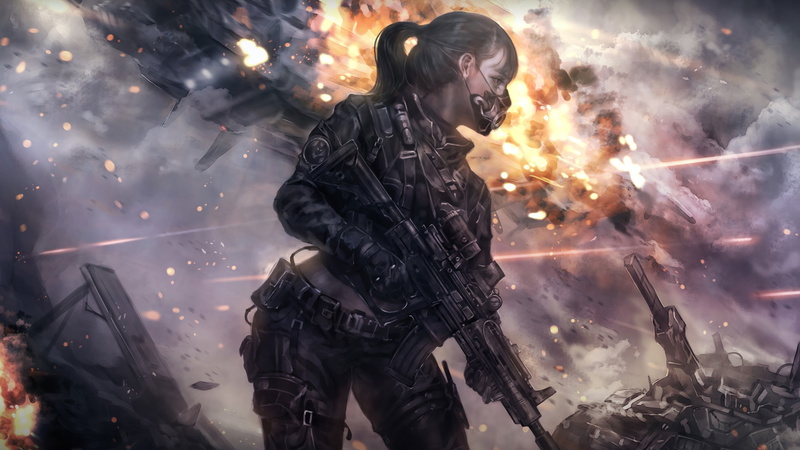 sniper rifle, uniform, anime girls, weapon, anime, girls with guns, mask, battle, 4K, gun