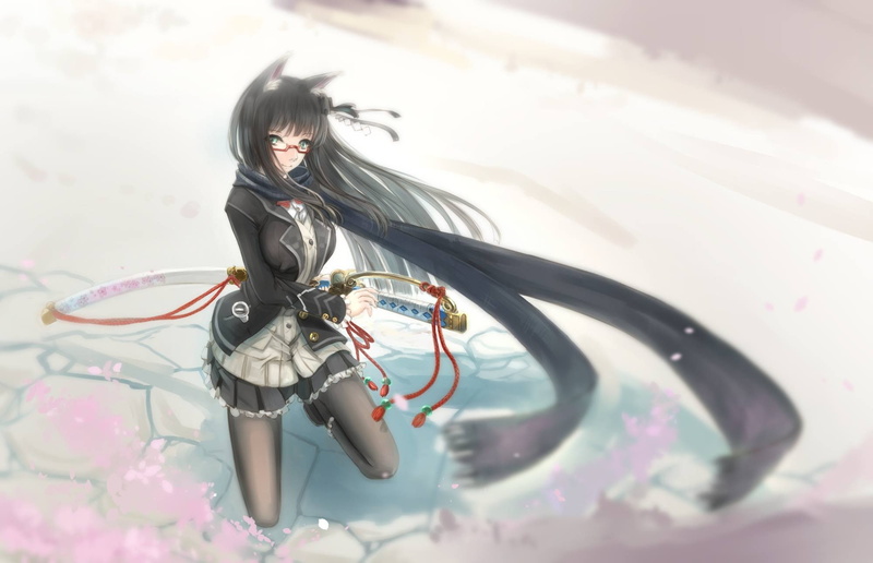 japanese sword, schoolgirl uniform, animal ears, neko loli, schoolgirl, neko ears, glasses, 1080P, anime, katana