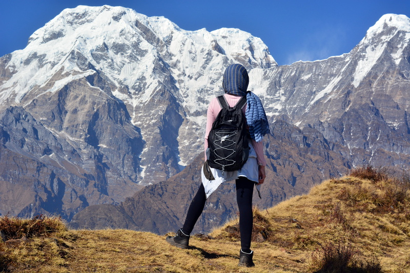 mountaineering, tourism, rock, landscape, mountains, peak, adventure, backpack, nature, travel, full length, woman, mountain range, nepal, fashion, sunlight