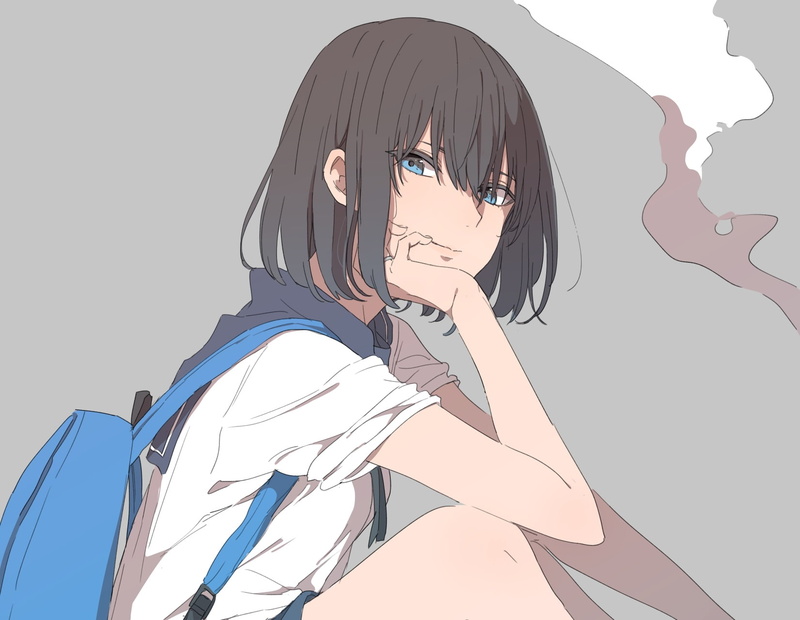 short hair, blue eyes, black hair, smoke, backpacks, original characters, 720P, anime girls