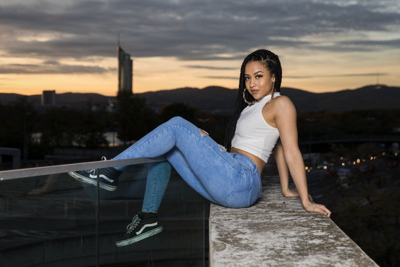young women, depth of field, beautiful woman, full length, white tops, model, women, torn jeans, braids, contemplation, brunette, nature, one person, real people