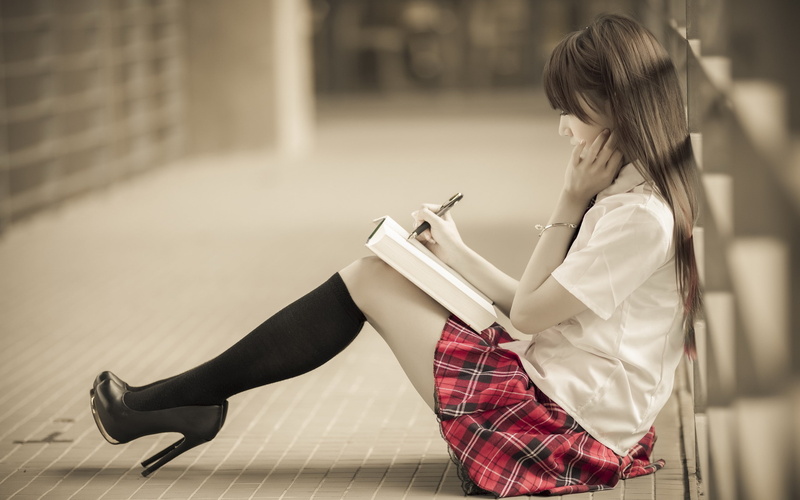 heels, Asian, shirt, skirt, depth of field, model, sitting, long hair, women, brunette, legs, 2K