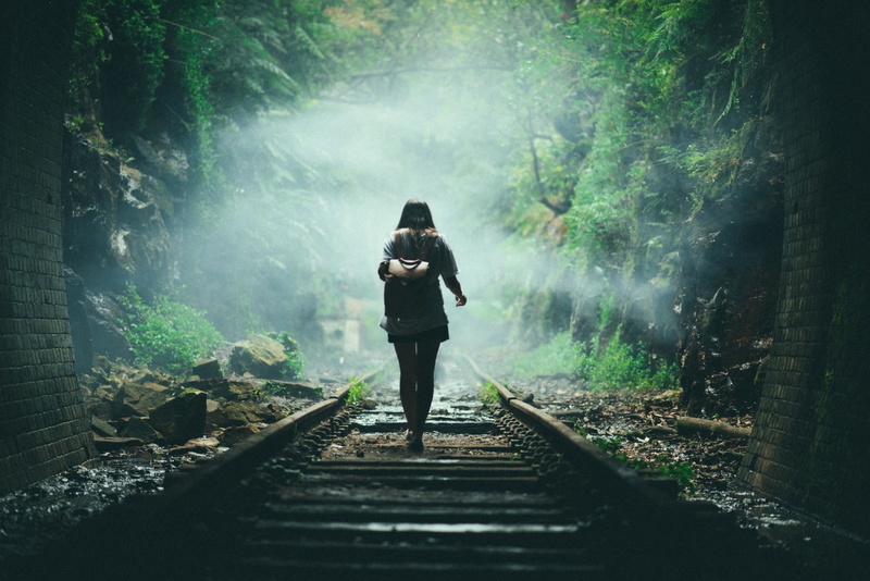 back, women outdoors, model, mist, depth of field, 720P, traveller, brunette, forest, skirt, bag, walking, Emma Lucey, women, railway, photography