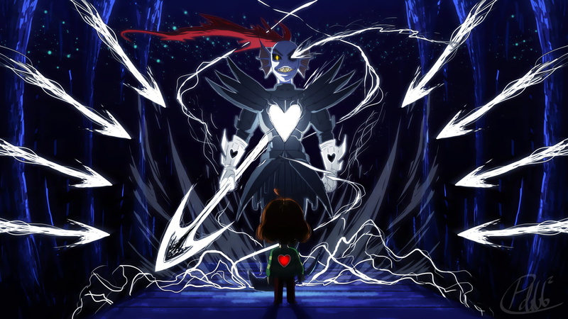 full length, rear view, the way forward, 1080P, one person, Video Game, architecture, illuminated, lifestyles, direction, light, standing, stage, Undyne (Undertale)