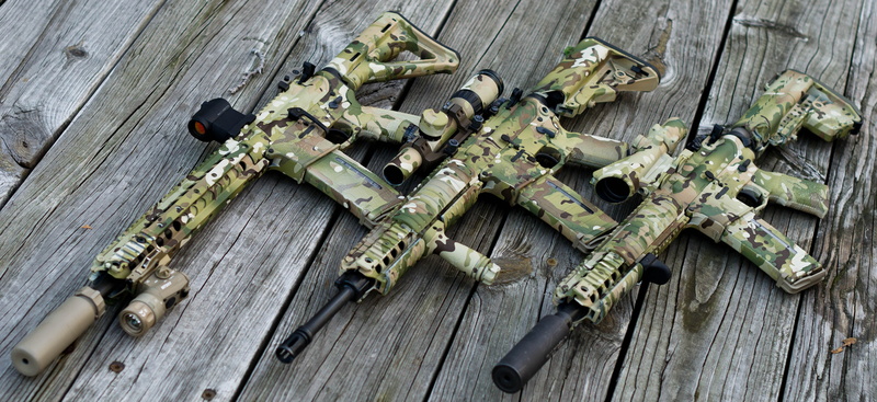 brown, day, AR 15, three, table, green, gun, rifles, multicam, high angle view, abandoned, still life, protection, damaged, 4K, weapon, outdoors, assault