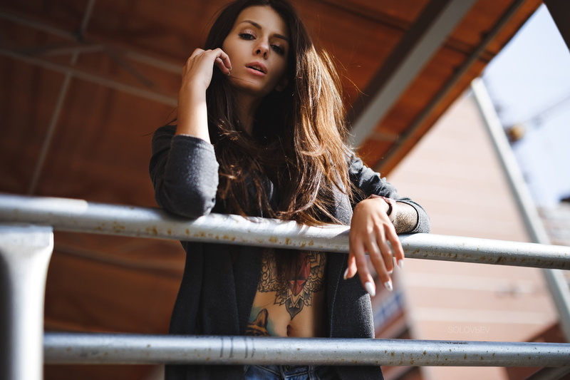 Artem SolovЬev, jean shorts, Alena Elizarova, 2K, inked girls, portrait, women