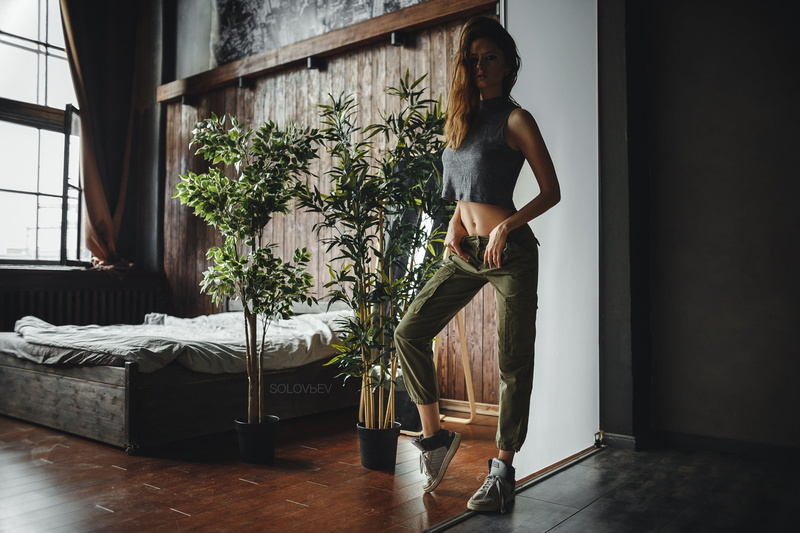 2K, plants, sneakers, pants, bed, women, belly, tank top, Artem SolovЬev, window, Disha Shemetova