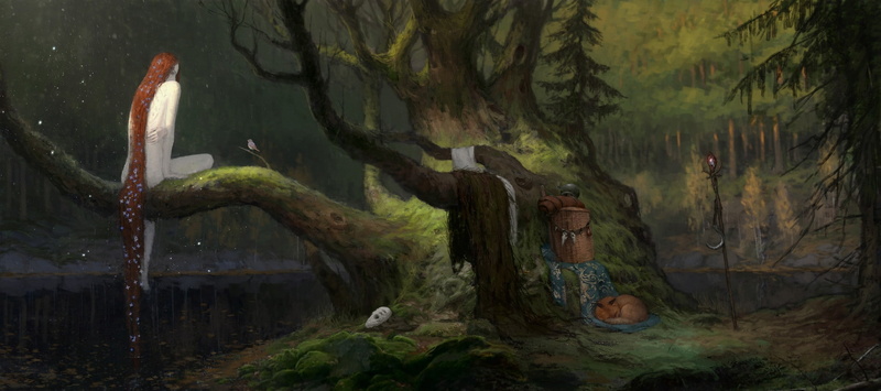 :-), source, forest, sleep, fox, art, artem demura, fantasy, redhead, 1080P, girl, river