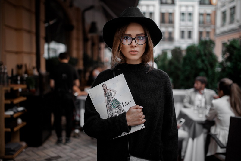 dark eyes, portrait, face, hat, Artem Galkevich, women outdoors, women, women with glasses, brunette, Dior, black clothing, 2K, Alisa Sukhoyvan