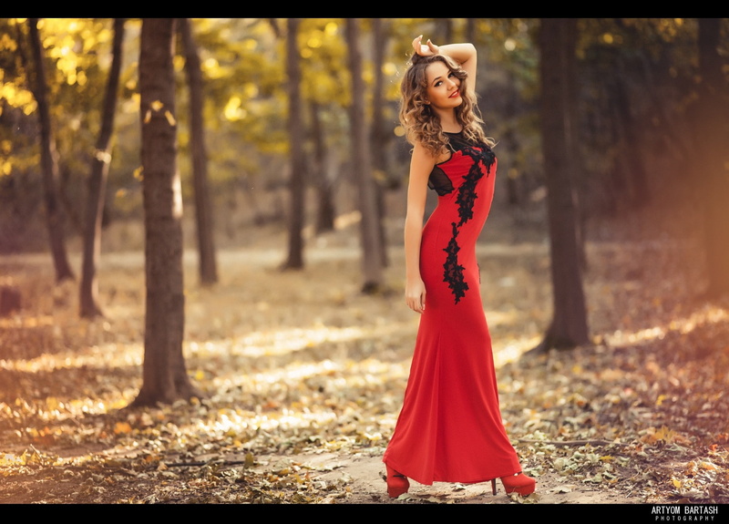 women outdoors, Artyom Bartash, long hair, curly hair, dress, heels, model, 1080P, red dress, women, hands in hair, smiling, depth of field, forest, portrait