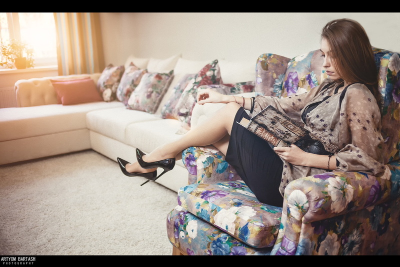 chair, girl, interior, photographer, sitting, reading, legs, Artyom Bartash, book, 1080P