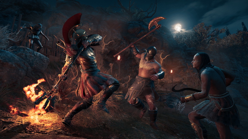 Odyssey, Assassins Creed, night, Gamescom 2018, Assassins Creed, fire, battle, 4K