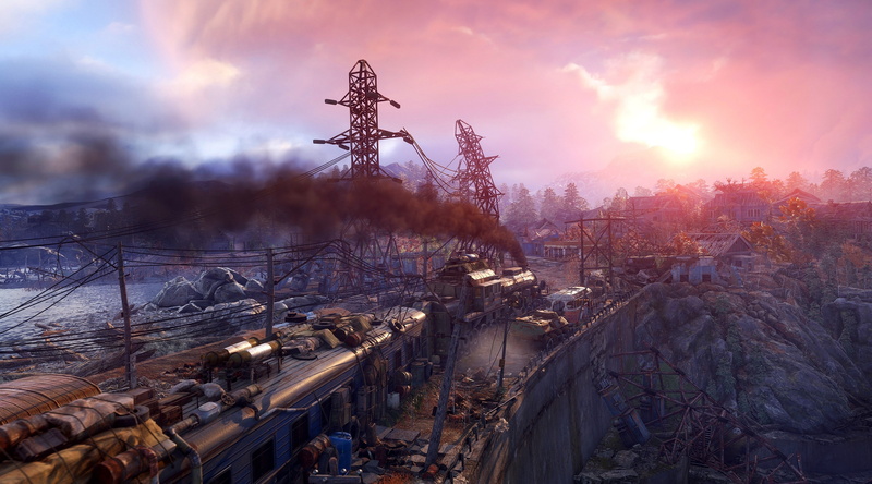 sky, tree, land, metro exodus 4k amazing desktop, winter, sun, outdoors, industry, plant, city, 4K, social issues, architecture, connection, building exterior